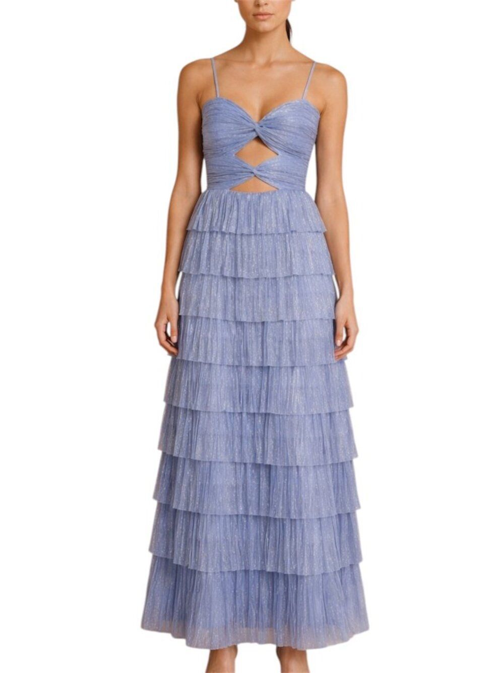 Gianni Bini Grace blue Metallic Plisse Chambray Tiered Maxi Dress NWT Size 4